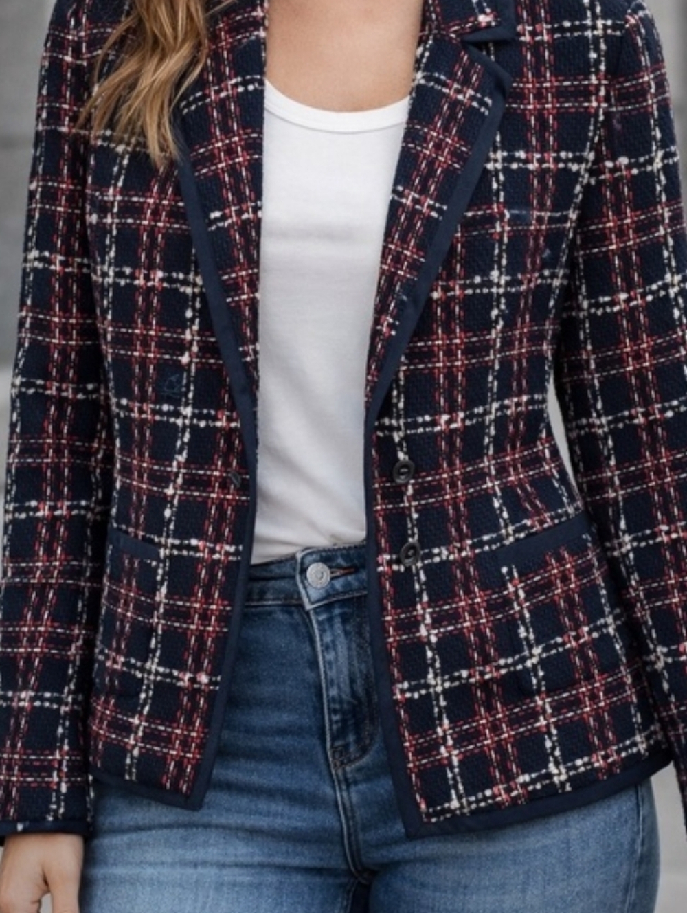 NWT Avara Classic Navy Plaid Tweed Blazer - Women's Jacket, Size M